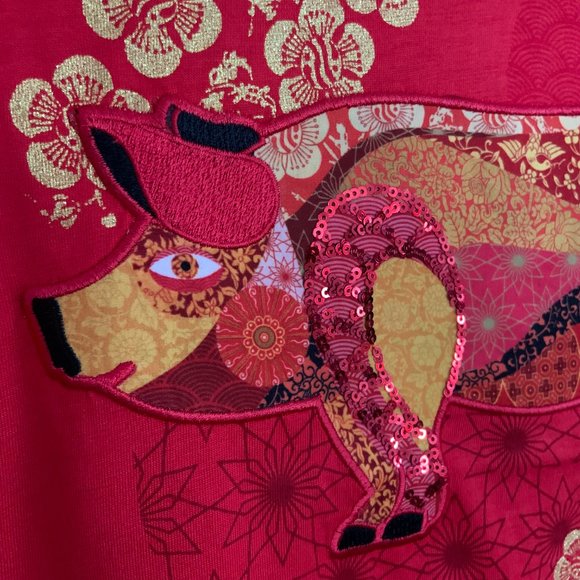 Desigual Short Sleeve Top Red Embroidered Sequin Pig Festive Holiday Size L - Picture 4 of 10